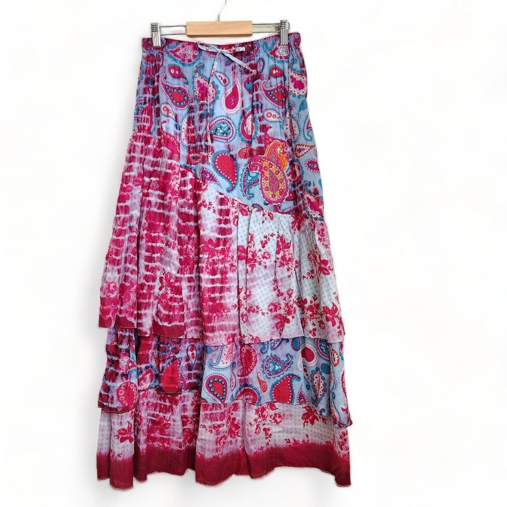 Paisley tiered pink blue dye Maxi Skirt mixed print patchwork
